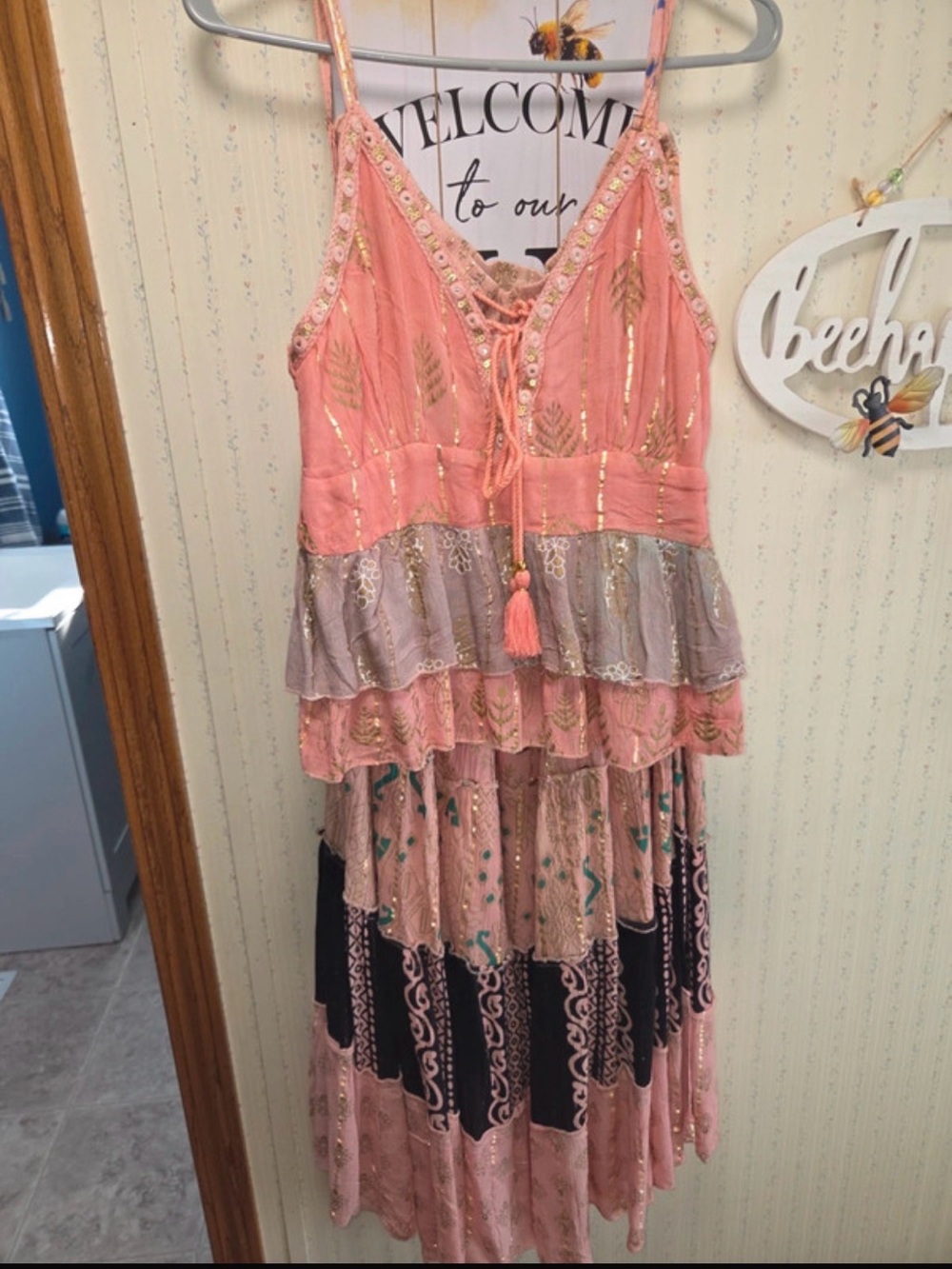 Pink Tiered Ruffle Maxi shirt and top set with Gold Accents